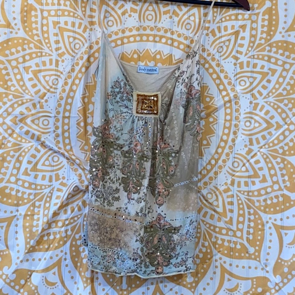 Body Central Spaghetti Strap Flowy Tank with Sequins and Beading V Neck Tie Back